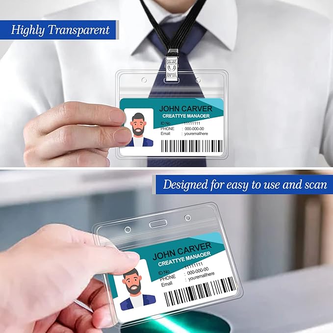 100 Pcs Clear Horizontal Badge Id Card and 100 Pcs Lanyard, Reusable Lanyards for Id Badge Holder Name Tag Badge Holder with Lanyards for Adults Kids Business School Conferences (Black)