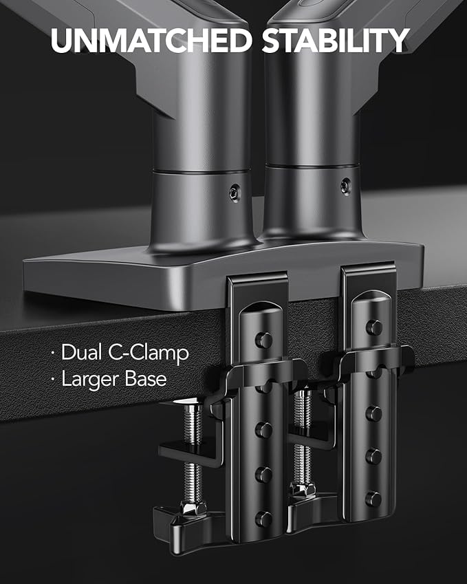 HUANUO Dual Monitor Stand, Fully Adjustable Monitor Desk Mount for 13–32″ Computer Screens, Full Motion VESA 75x75/100x100 with C-Clamp & Grommet Base, Each Arm Holds 4.4 to 19.8 lbs -Grey