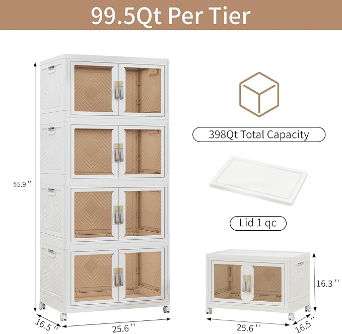 Large Clear Stackable Storage Bins with Lids, 597QT-99.5QT*6Tier Foldable Cabinet for Closet Organizers, Plastic Storage Box with Wheels White