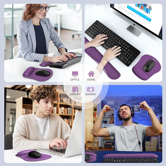 TECKNET Keyboard Wrist Rest and Mouse Pad with Wrist Support, Memory Foam Set for Computer/Laptop/Mac, Lightweight for Easy Typing & Pain Relief Ergonomic Mousepad (Purple)
