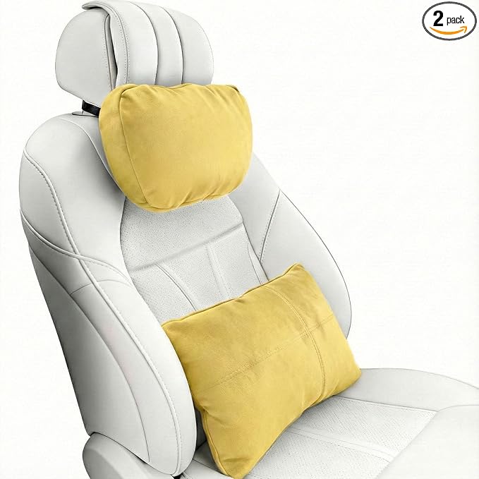 2PCS Car Pillow for Car Neck Pillow for Driving Seat Lumbar Support Soft Cushion with Extra Filling Accessories Back Support for Travel Nap and Trips Sleeping (Golden, Head and Lumbar)