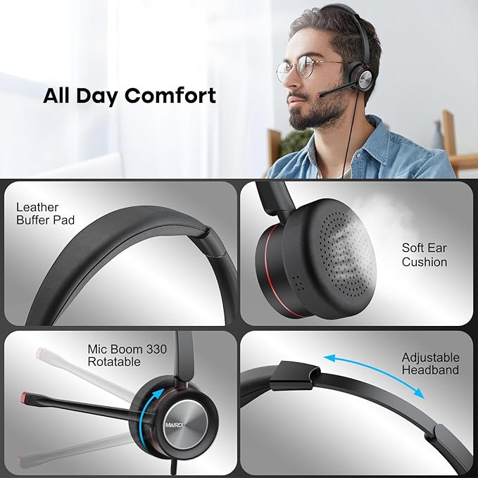 MAIRDI USB Headset with Mic for PC, Computer Headset with Microphone Noise Canceling for Laptop Teams Zoom Office Work Call Center Business Softphone