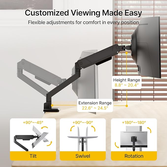 monTEK Single Monitor Arm with USB for Max 45 Inch Ultrawide Screens Adjustable Monitor Desk Mount Holds 35 Lbs Cable Management with C Clamp/Grommet Desk Mount, VESA 75/100mm, MA1007UCBK