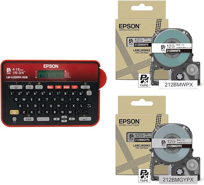 LABELWORKS Epson LW-K200PX-RDB Cleaning Bundle & Black on Light Gray and Black on White Tape