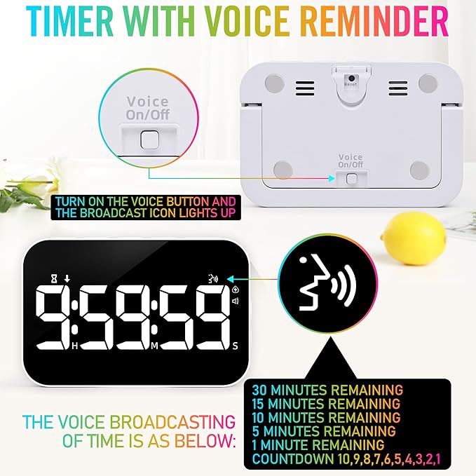 TXL Kitchen Timer for Cooking, Rechargeable Digital Magnetic Timer with Large LED Display, Loud Alarm, Sound Countdown, 4 Volume Levels and 3 Brightness for Classroom, Study (White)