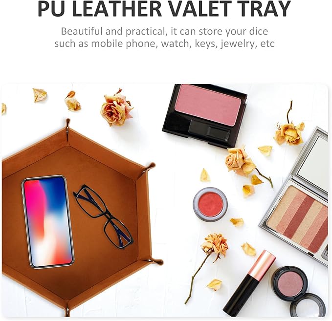 PU Leather Folding Valet Tray Small Jewelry Catchall Organizer for Desktop Storage Brown Compact Desk Tray for Home Office and Bedroom Sundries Management