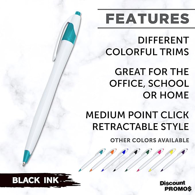 DISCOUNT PROMOS Slim Curvy Ballpoint Pens Set of 10, Bulk Pack - Black Ink, Retractable, Great for Office, School, Tradeshows - Teal