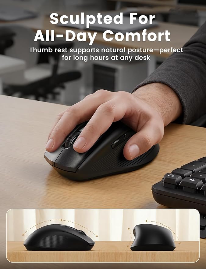 Ergonomic Wireless Keyboard and Mouse Combo, 30dB Quiet Full Size Keyboard Set with Wave Keys & Soft Palm Rest, Dual-System Switch for Windows/Mac, Ideal for Business Teams Home Office—Sablute
