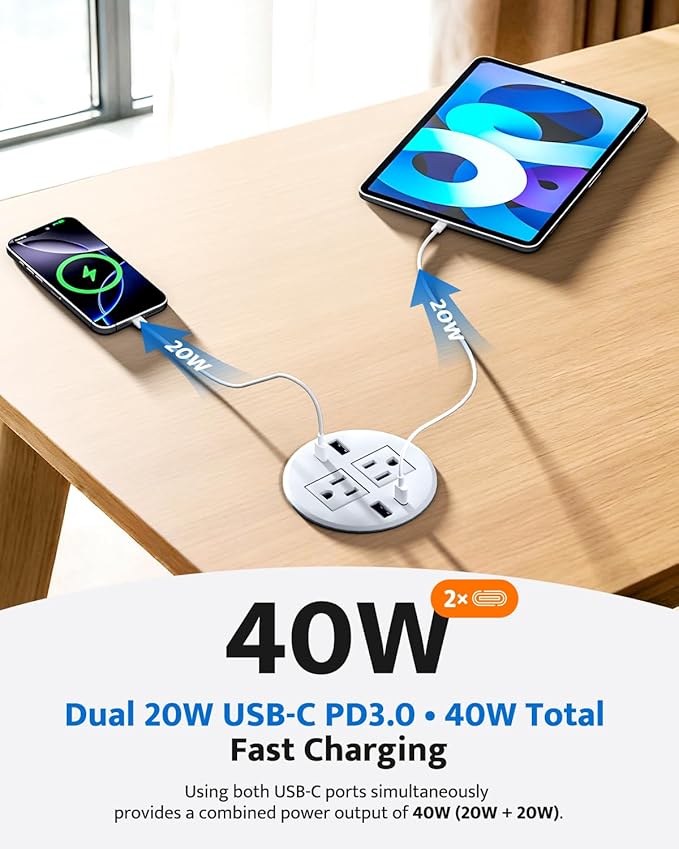 3 inch Recessed Power Grommet with AC Outlets, 20W USB C Fast Charging Conference Recessed Outlet, 40W Total, Flush Mount for Desk,Office Tables,Furniture, 4 USB Ports, White