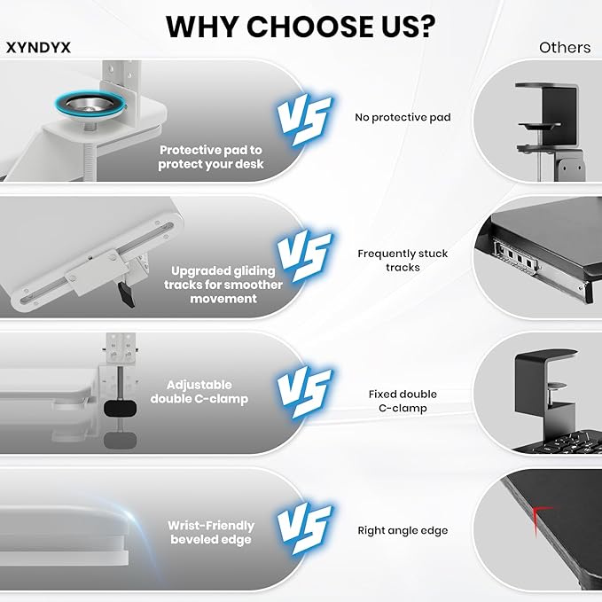 Keyboard Tray Under Desk, Pull Out Keyboard & Mouse Tray with Adjustable C-clamp, 25.6(31.5 Including Clamps) x 11.8 Inch Slide Out Computer Keyboard Drawer Mouse Tray for Typing,White