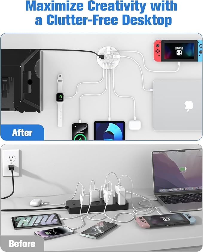 Desktop Power Grommet with 100W USB C, Double-Side Recessed Charging Station Plug in 5AC Outlets & 4 USB Ports, 4-Inch Hole Furniture Flush Mount for Countertop White