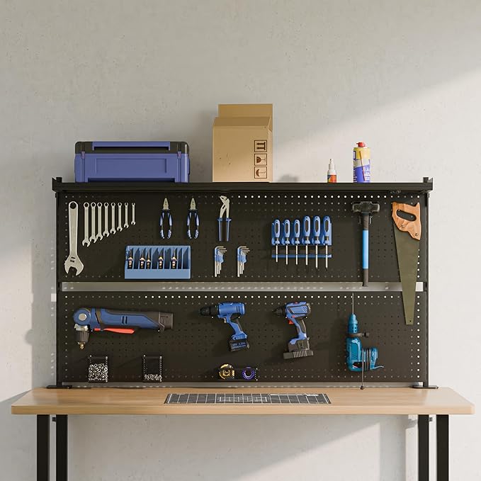 EUREKA ERGONOMIC Desk Pegboard with Dual Monitor Stands, LED Metal Pegboard for Gaming Desk, Privacy Panel with 4 Accessories Modular Hanging, Computer Accessories for Office, 59 x 34 Inch, Black