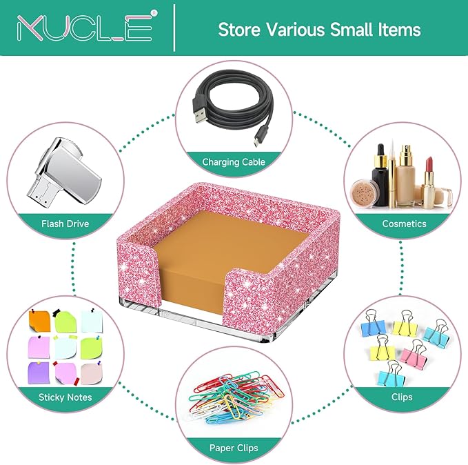 Sticky Note Holder, Glitter Pink Acrylic Notepad Holder 3x3 in Self-Stick Note Dispenser Office Desk Accessories, Memo Pad Holder Organizer for Classroom School Supplies
