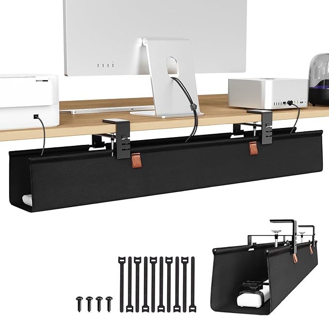 Zilink No Drill Under Desk Cable Management Tray 30" Cord Organizer for Table Clamp/Screw Mount Desk Cable Management Sturdy Waterproof Fabric Cord Hiders for Office, Home