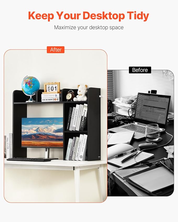 VEVOR Wood Desk Shelf, Desktop Bookshelf, Desk Storage Hutch with 6 Shelves, Office Countertop Organizer 3-Tier Display Rack, with Anti-Slip Feet Pads, for Office, Home & Dorm, Black