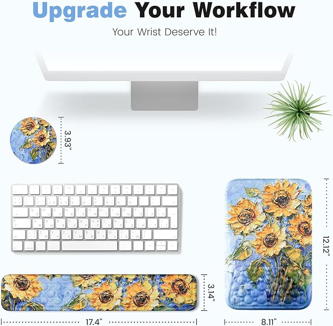 Ospelelf 3 in1 Ergonomic Wrist Rest Pad for Computer Keyboard and Mouse, Large Mouse Pad Set with Support for Office, Sunflower