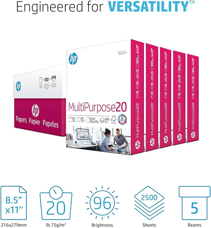 HP Papers | 8.5 x 11 Paper | MultiPurpose 20 lb | 5 Ream Case - 2500 Sheets | 96 Bright | Made in USA - FSC Certified | 115100PC