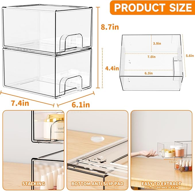 4.4" Tall Small Clear Acrylic Stackable Storage Drawers for Vanity,Under Sink,Bathroom Closet,Medicine Cabinet Organization and Plastic Storage Bins for Organizing Makeup,Baby Bottles,Pacifier,2 PCS