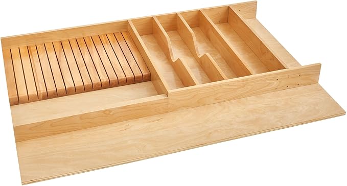 Rev-A-Shelf Trim-to-Fit Wooden Kitchen Drawer Divider and Knife Block Utility Holder Tray Organizer Insert, 33.13 x 22 In, Maple, 4WUTKB-36SH-1