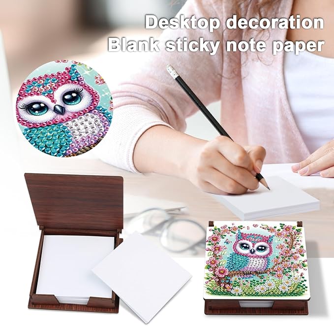 Wooden DIY Owl Diamond Art Notecard Box – DIY Gem Art Sticky Note Holder for Adults 160 Sheets Memo Pad Storage Desk