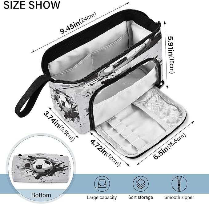 Soccer Pencil Case Pouch Big Capacity Pencil Bag Box Organizer Pen Case with Handle Stationery Organizer for Kids Boys Girls Women College Office