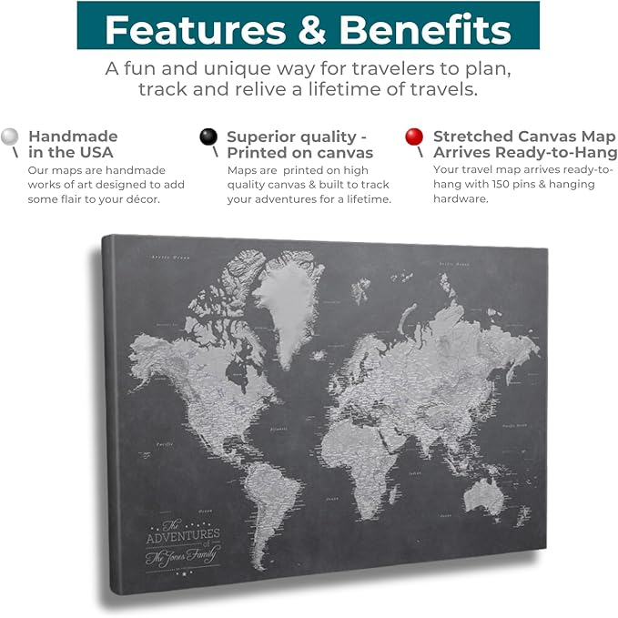 Gallery Wrapped - Stormy Dreams World Push Pin Travel Map with pins