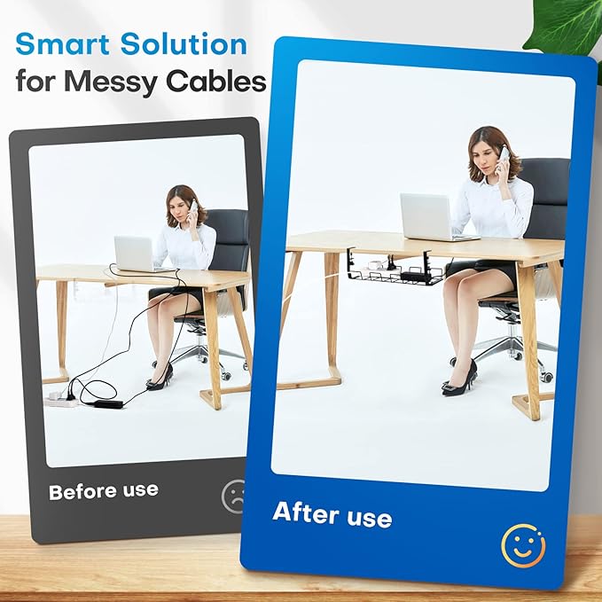 No Drill Under Desk Cable Management Tray, Desk Wire Management Cable Tray Sturdy Metal Wire Organizer Under Desk Basket for Office and Home Standing Desk -Black