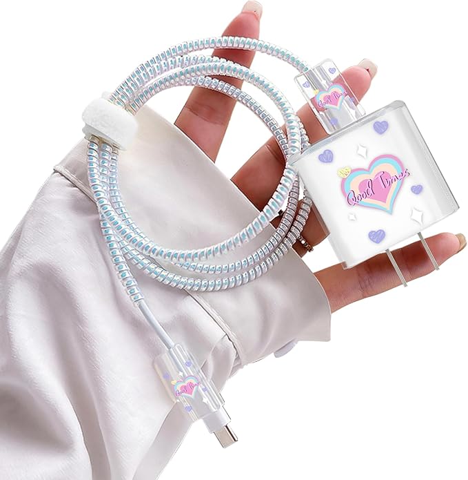 Cute DIY Cable Protector for iPhone 18W/20W Adapter Charger,Colorful Love Heart Design Transparent Data Line Cable Case, Phone Charging Protector for Apple Charger