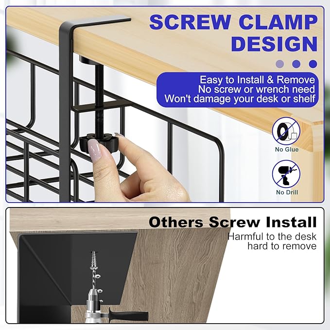 Under Desk Cable Management Tray, 31.5'' No Drill Steel Cable Tray Organizers, Wire Management Tray Cable Rack with Clamp Mount, Metal Under Desk Tray with Wire and Cord Organizer (Black, 1 Pack)