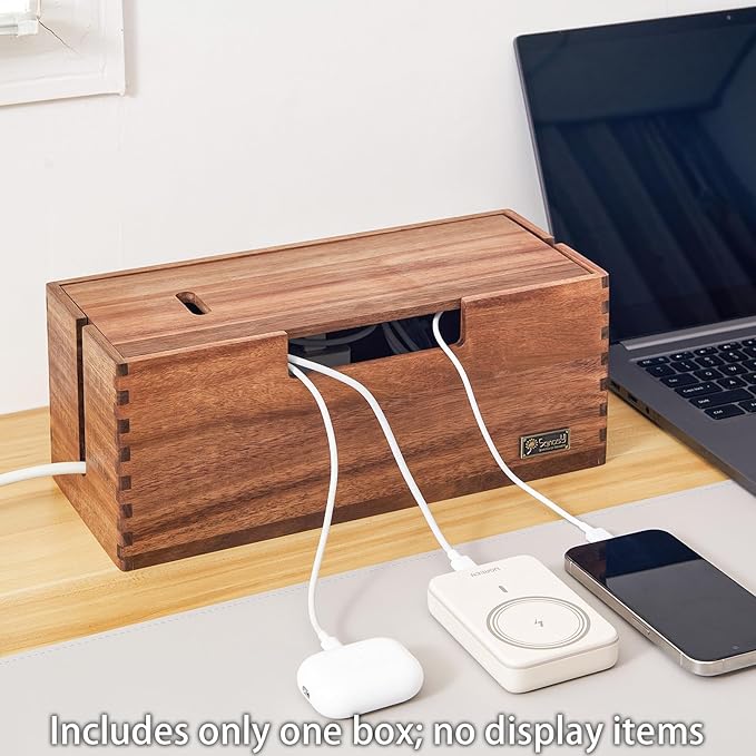 Cable Management Box, Acacia Wood Cord Hider Organizer for Power Strips, TV, Desk & Floor Wires, Under Desk Cable Storage Box for Office & Home