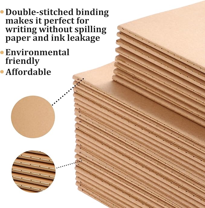 90pack Bulk A5 Journal Notebook, Kraft Cover 80 Pages Lined Paper Journal for Traveler, Notes, Memo - Bulk Journals Sewn Brown Notebook for School Supplies, Office Supplie (line 80pages, 90pack)