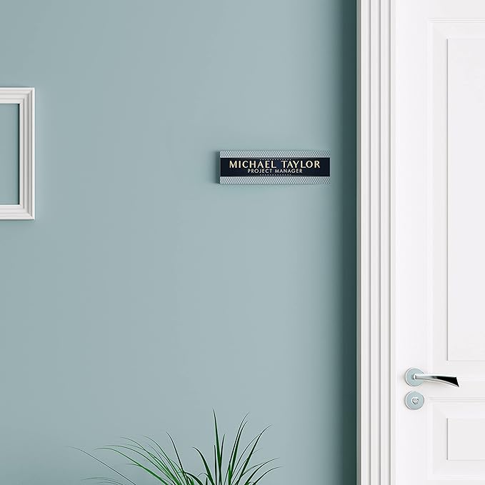 Artblox Personalized Office Desk Name Plate With Business Card Holder | Clear Acrylic Glass with Teak Wood Stand | Net Shape Design Customized with Your Name and Credentials Office Desk Décor