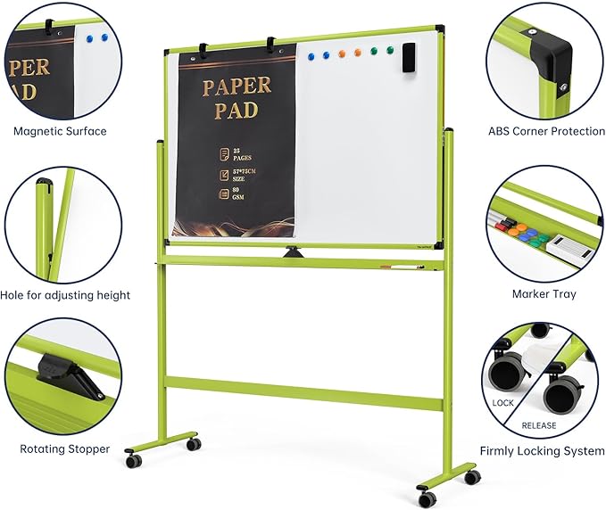 Large Dry-Erase Rolling Magnetic Whiteboard - 48 x 32 Inches Dry Erase Board with Stand Height Adjust Double Sides Mobile White Board Easel on Wheels with 25 Sheets Paper Pad Office, Home & Classroom