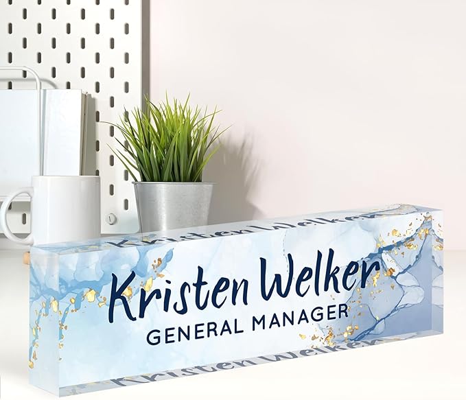 Name Plate for Desk, Desk Name Plate Personalized, Office Decor for Women Men, Acrylic Desktop Accessories, Office Appreciation Gifts for Boss Social Workers Nurse Teacher Employee (Blue/White)