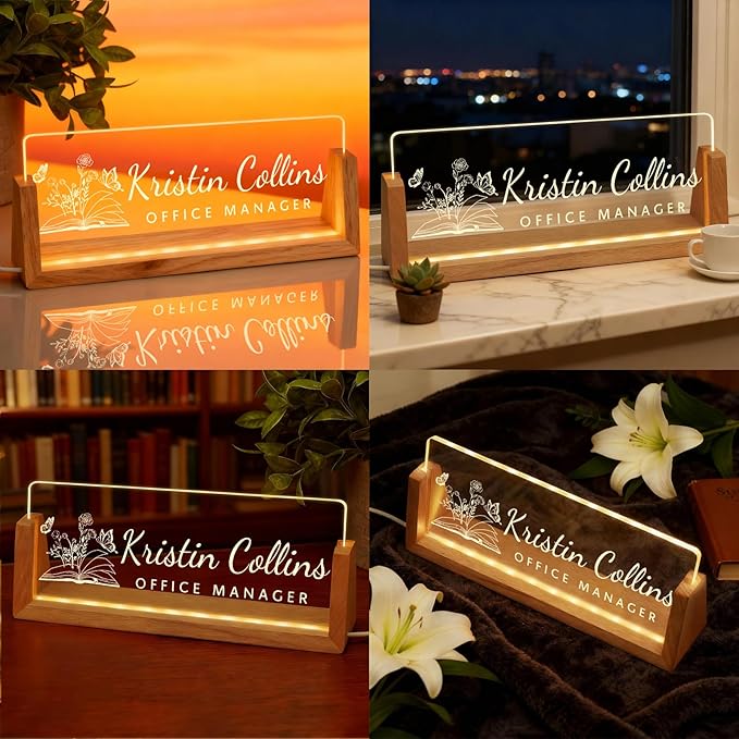 Personalized LED Name Plate for Desk, Light Up Acrylic Office Decor Desk Name Plate with Wooden Base, Custom Name Logo Quote, Appreciation Gifts for Boss Coworkers Employee Women Men (Logo)