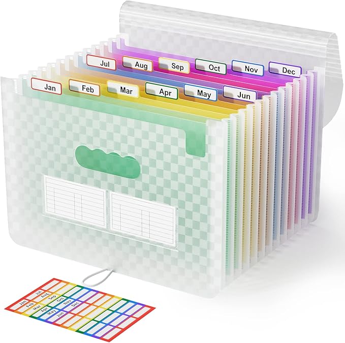 ABC life 12 Pockets Accordion File Organizer Expanding File Folders, Portable Monthly Bill Receipt Document Organiser, Expandable Accordian Filing Folder Letter A4 Size, Colored Tabs (Green)