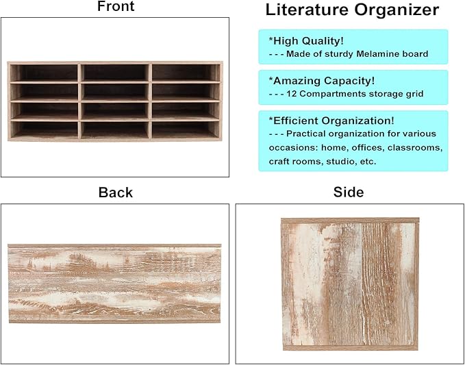 PAG Mail Sorter Wood Countertop Literature Organizer, Student Mailbox for Classroom, Desktop Bill Paper Holder Rack for Office Home School, 12 Compartments, Retro White