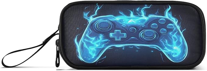 Joystick Gamepad Blue Flame Pencil Case Box Boys Girls Large Pencil Pouch with Zipper Compartments Big Capacity Stationery Pen Bag Organizer for Kids Teens Adults School