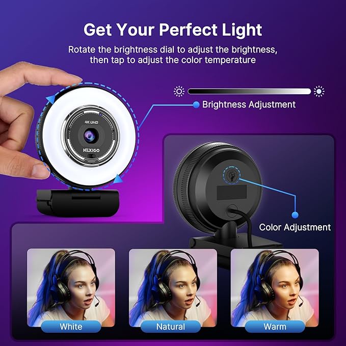NexiGo N680E Pro, 4K UHD Streaming Webcam with Ring Light, PDAF Autofocus, 1080P@60FPS, 2 Noise?Canceling Mics, Privacy Cover, USB Camera for Zoom/Teams/Twitch/Google Meet