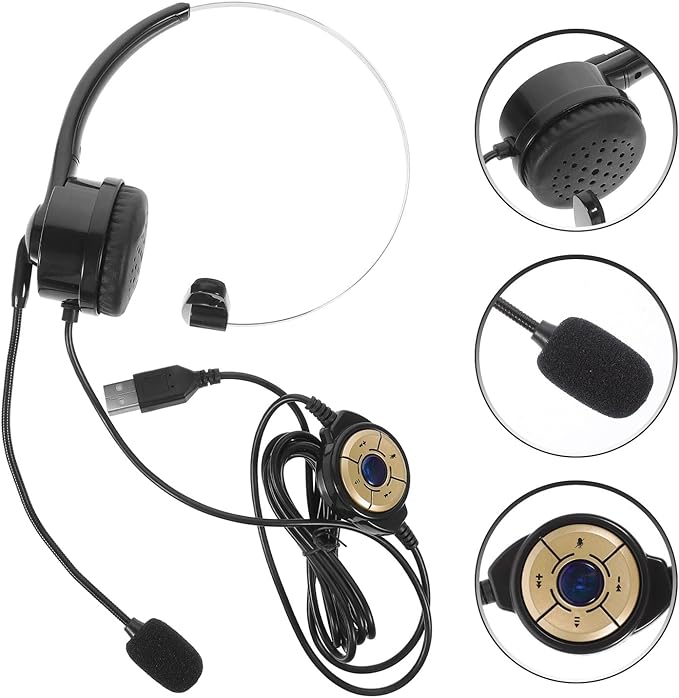 HOMSFOU USB Headset with Microphone Single Ear Wired Business Headphone for PC Call Center Live Streaming Black