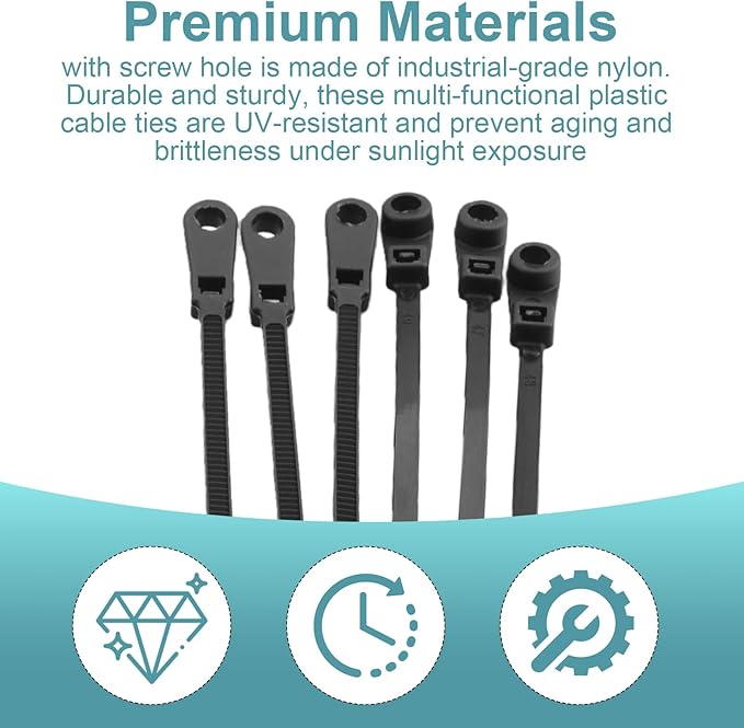 Plastic Cable Ties with Screw Holes, 7.5-inch 50lb Load Capacity Mounting Head, Black Mounting Cable Ties (200-Pack)