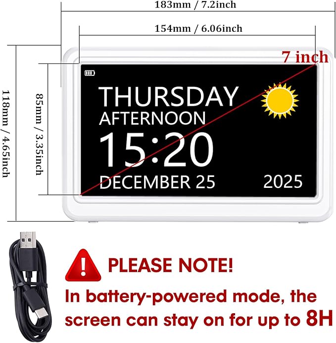 Digital Clock with Date and Day of Week, Dementia Clocks Battery Operated Alarm Clock with 20 Alarms and Medicine Reminders, 7" Large Display Rechargeable Desk Clock for Elderly Seniors Alzheimers