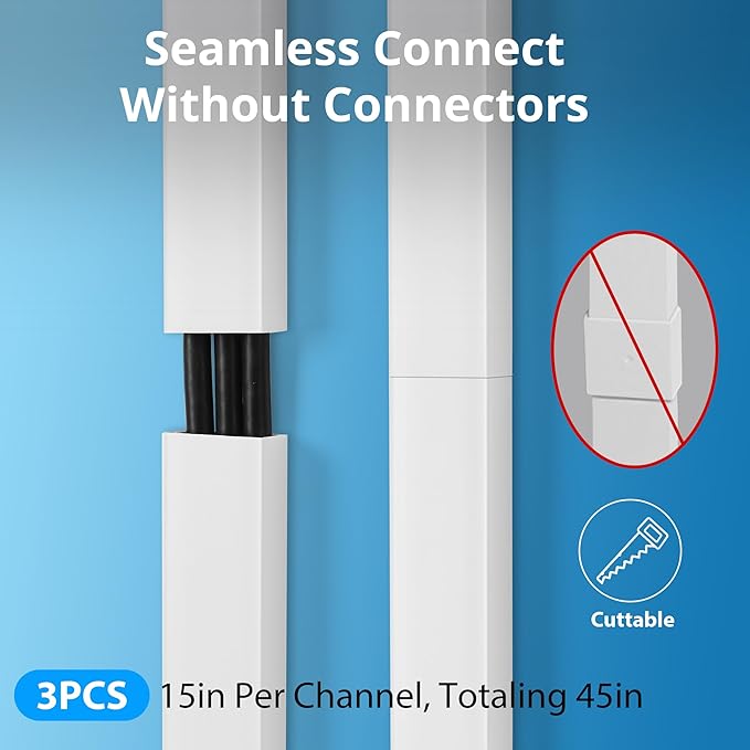 ZhiYo Cord Hider Wall 45in(3X L15in), Self-Adhesive Cable Hider for 2-4 Cords, Large Wire Cover Hide Cords Wall Mounted TV, Cable Raceway White, W1.2in H0.7in