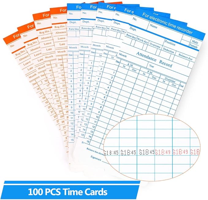 TooCust 100-Piece Time Cards for Employees, Monthly Time Cards 2-Sided, 2-Color Timecards for Time Clocks, Blue/Orange Print, 7-3/8 x 3-3/8 Inch