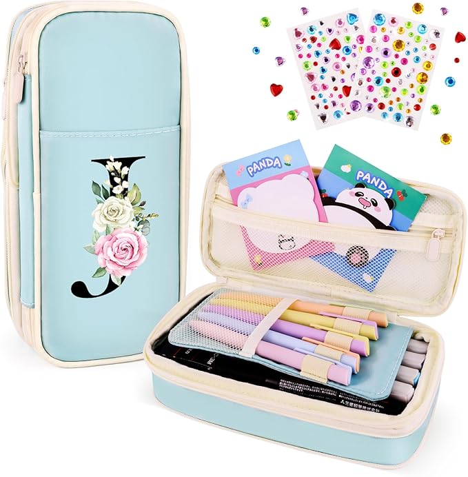 Preppy Pencil Case for Girls, Cute Large Pencil Pouch, Personalized Initial Pencil Bag with Zipper for School College Office Supplies, Back to School Supplies Gifts for Teen Girls (J, Blue)