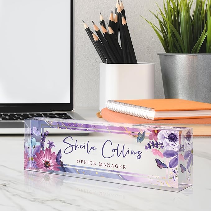 Custom Name Plate for Desk, Employee Appreciation Gifts, Acrylic Desk Name Plate Personalized, Office Desktop Accessories, Office Decor Gifts for Coworkers Boss Teacher (Purple Flower)