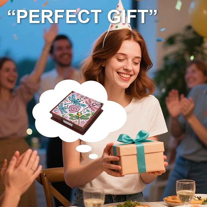 Wooden DIY Dragonfly Diamond Art Notecard Box – DIY Gem Art Sticky Note Holder for Adults 160 Sheets Memo Pad Storage