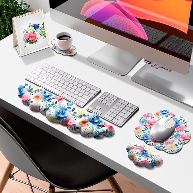 JIKIOU Cloud Wrist Rest Keyboard, Cloud Keyboard Wrist Pad Set with Comfortable Cloth, Cute Arm Rest for Palm Support, PC/Gaming Desk Accessories/Office Setup/Computer Hand Cushion Multicolored Rose