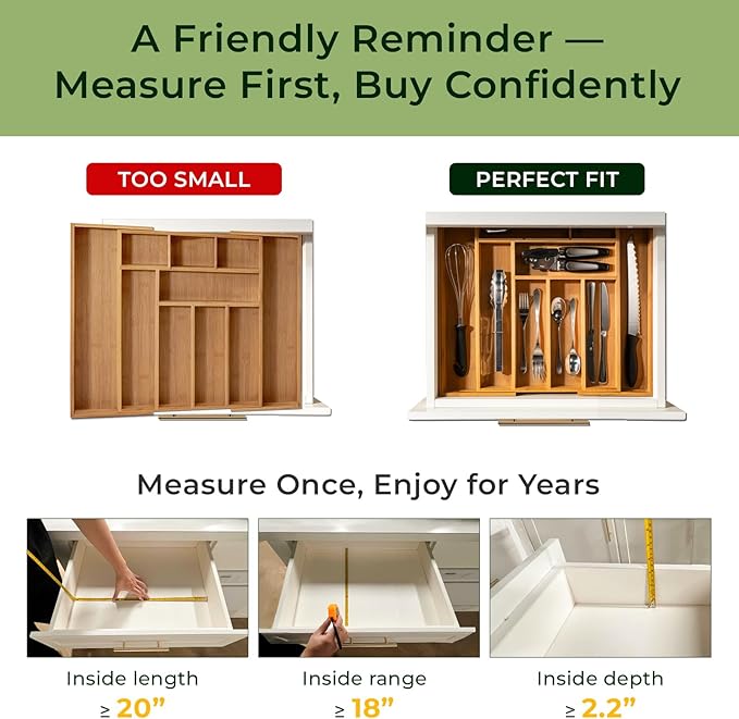 Carbonized Bamboo Kitchen Drawer Organizer, 10 Slots Expandable Silverware Organizer, Utensil Holder & Cutlery Tray, 2.2" Deep for Extra Capacity, Non-Slip Feet Included