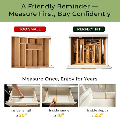 6-Piece Bamboo Drawer Organizer Set, 2.2" Deep Multi-Use Organizers for Utensils, Silverware, Cutlery, Desk, Bathroom, Junk Drawer & Makeup, Non-Slip Feet Included.